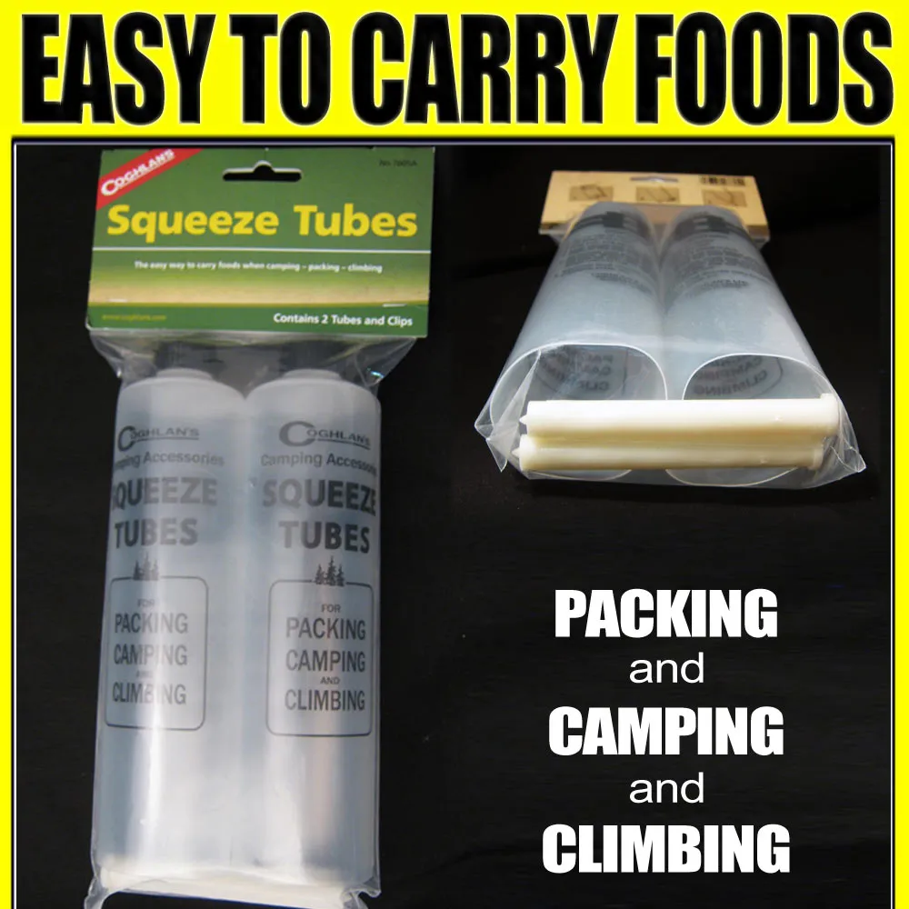 2 Food Squeeze Tubes Container Bottles Camping Hiking Easy Dispenser Coghlans !!