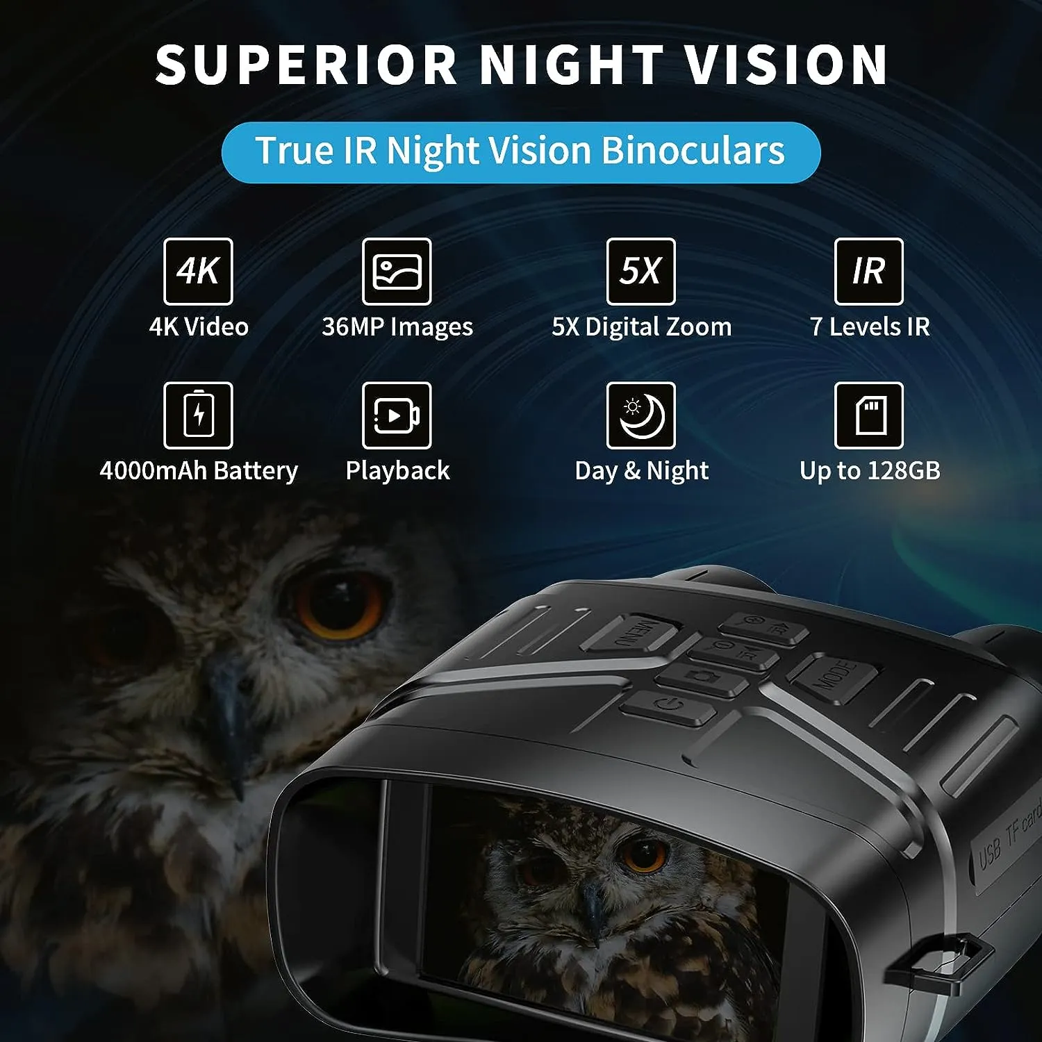 4K Night Vision Binoculars with Large Screen & Rechargeable Lithium Battery (Black & White NV)