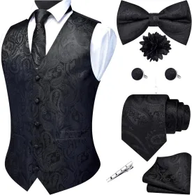 GUSLESON Men's V-Neck Suit Vests Formal Men Vest Paisley Jacquard Tie Waistcoat Bow tie Hanky Set Wedding 7PCS