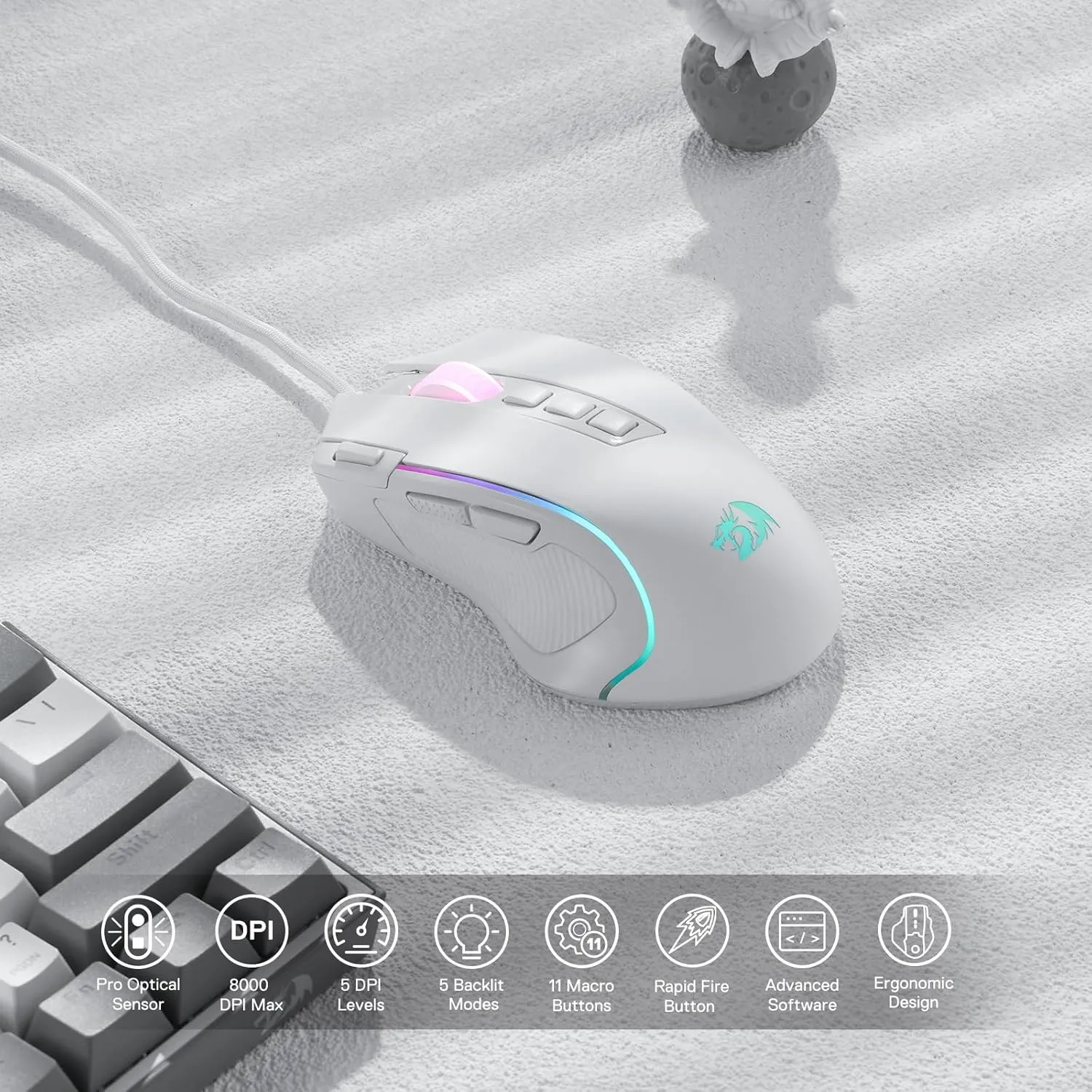 Redragon M612 Predator RGB Gaming Mouse, 8000 DPI Wired Optical Mouse with 11 Programmable Buttons & 5 Backlit Modes, Software Supports DIY Keybinds Rapid Fire Button, White