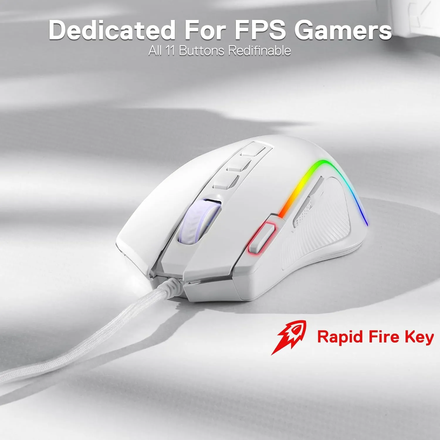 Redragon M612 Predator RGB Gaming Mouse, 8000 DPI Wired Optical Mouse with 11 Programmable Buttons & 5 Backlit Modes, Software Supports DIY Keybinds Rapid Fire Button, White