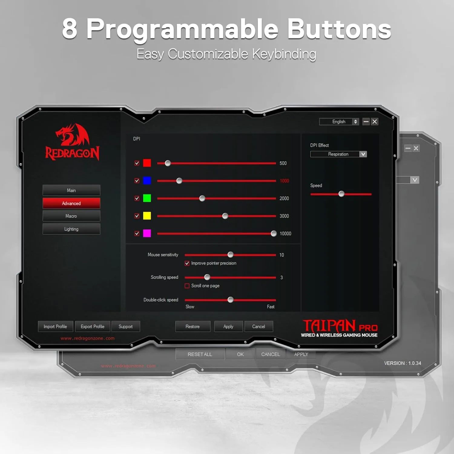 Redragon M810 Pro Wireless Gaming Mouse, 10000 DPI Wired/Wireless Mouse w/Rapid Fire Key, 8 Macro Buttons, 45-Hour Power Capacity and RGB Backlit for PC/Mac/Laptop