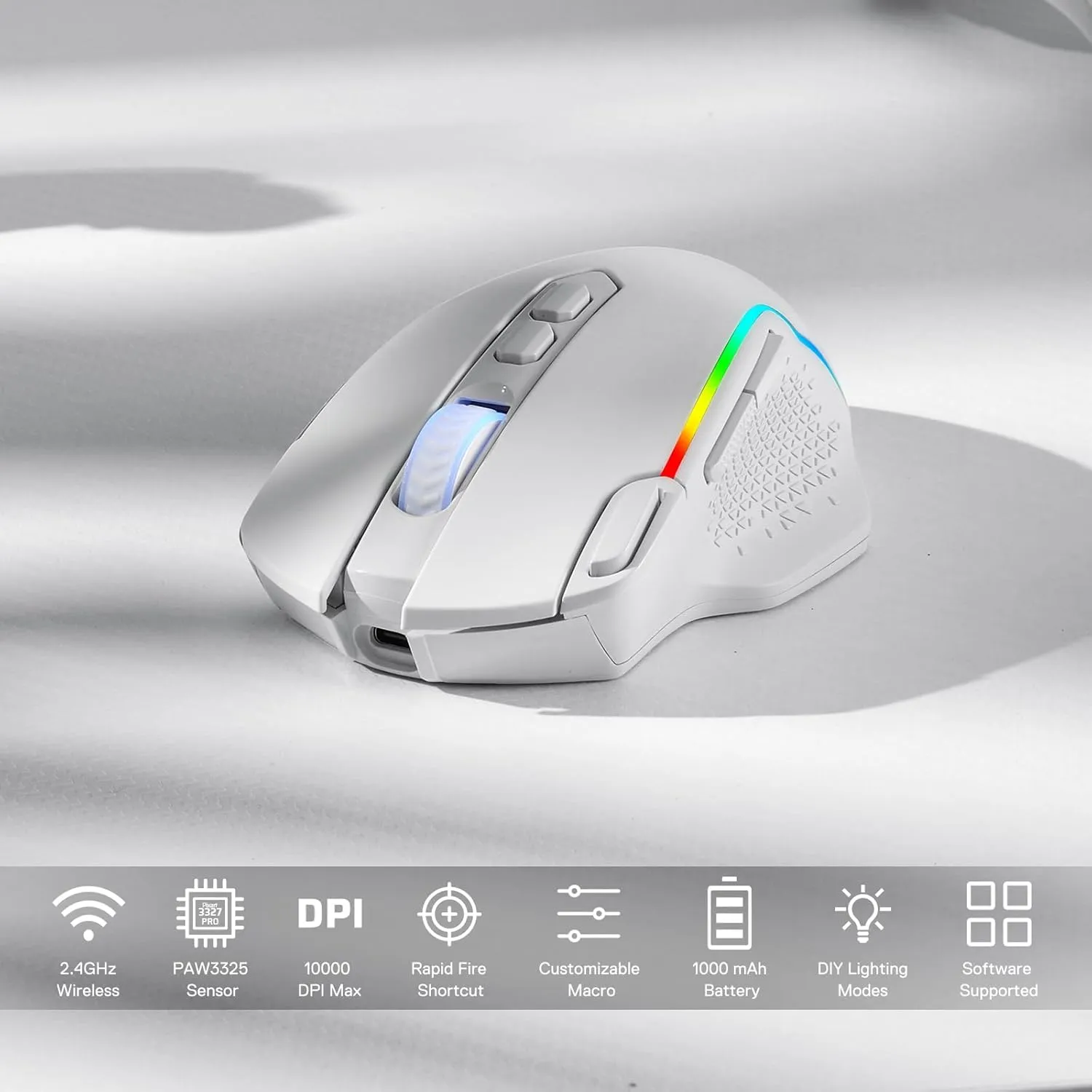 Redragon M810 Pro Wireless Gaming Mouse, 10000 DPI Wired/Wireless Mouse w/Rapid Fire Key, 8 Macro Buttons, 45-Hour Power Capacity and RGB Backlit for PC/Mac/Laptop